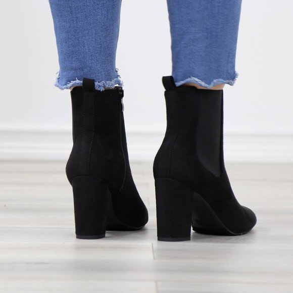 Black Suede Chelsea Block High Heel Above Ankle Boots - Picture 7 of 12